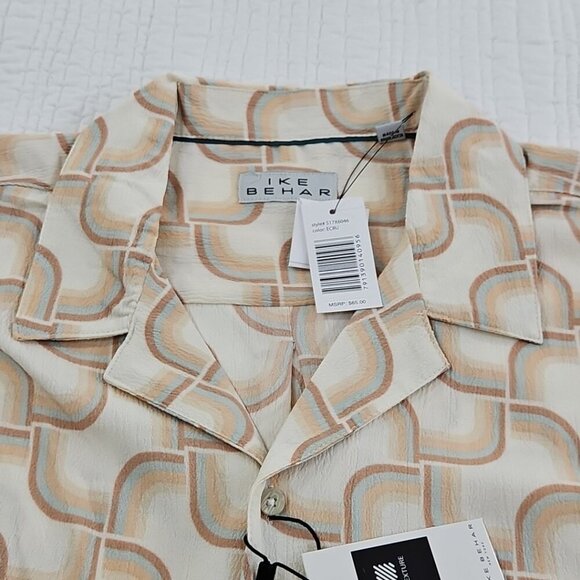 Ike Behar Crepe Shirt Men's XL Ecru and Blue Mod Short Sleeve Button Up NWT - Picture 6 of 15